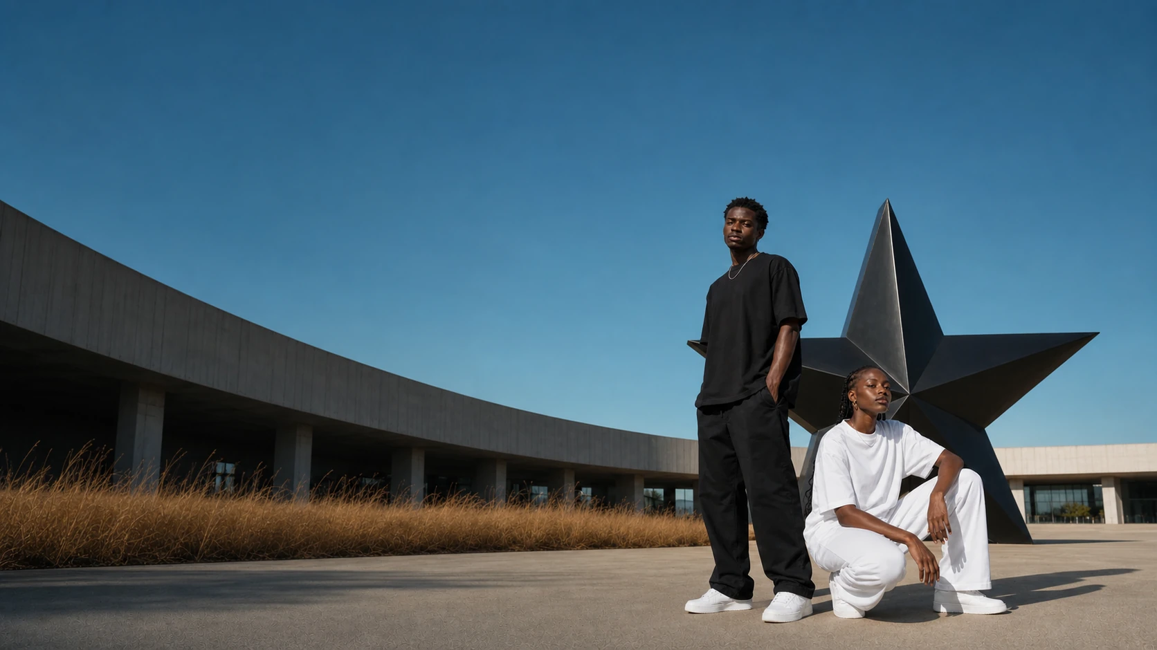 Two young Ghanaian models in black and white clothing beside a monumental black star sculpture