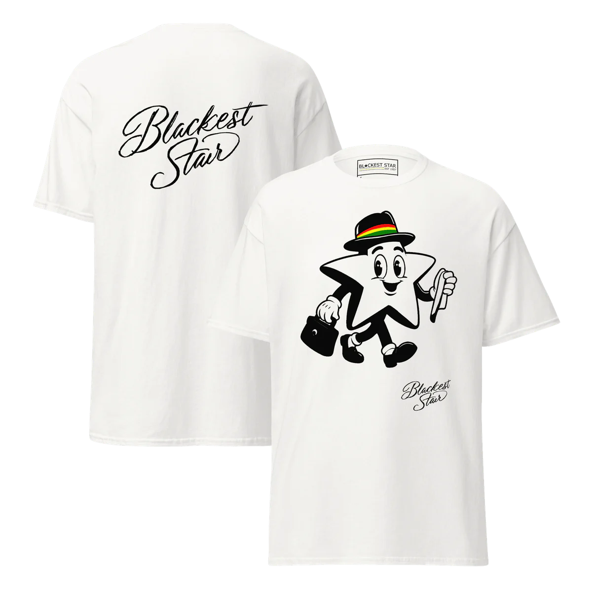 White Blackest Star mascot T-shirt shown from the front and back