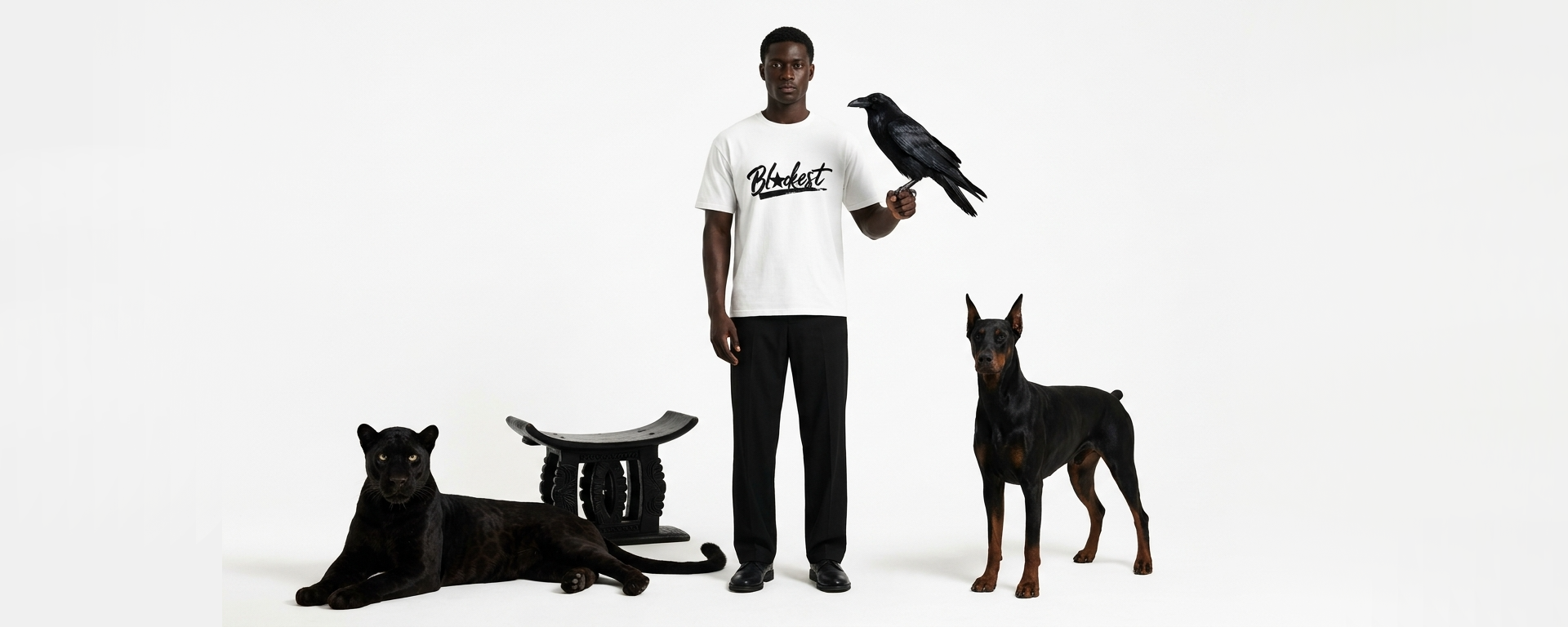 Model wearing a Blackest Star T-shirt, accompanied by a raven, black panther and Doberman.