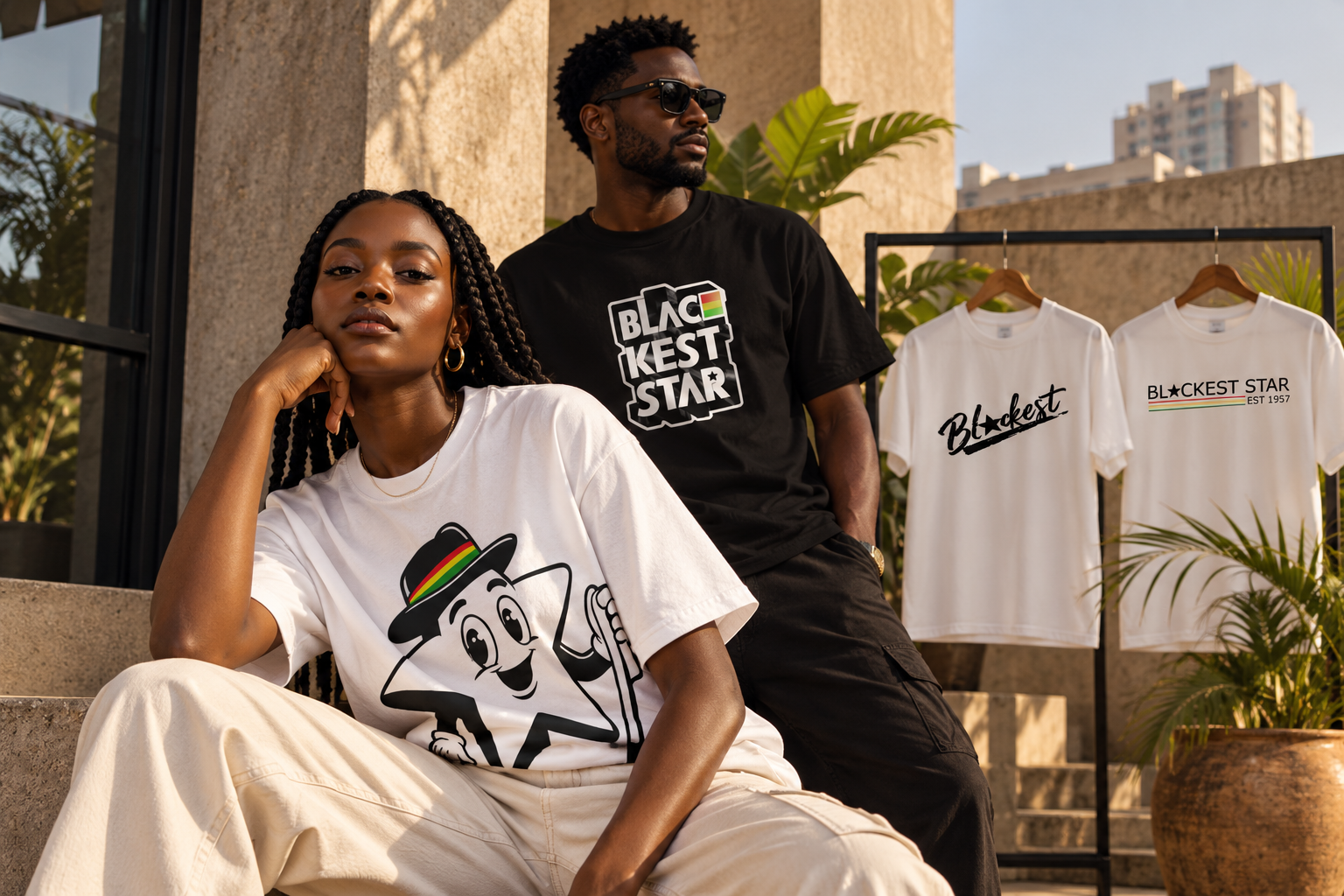 Two models wearing Blackest Star Signature Series tees, with additional designs displayed behind them